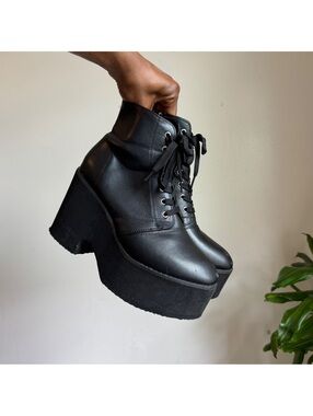 Black Chunky Platform Wedge Boots Lace Up Goth Grunge Ankle Booties US 10